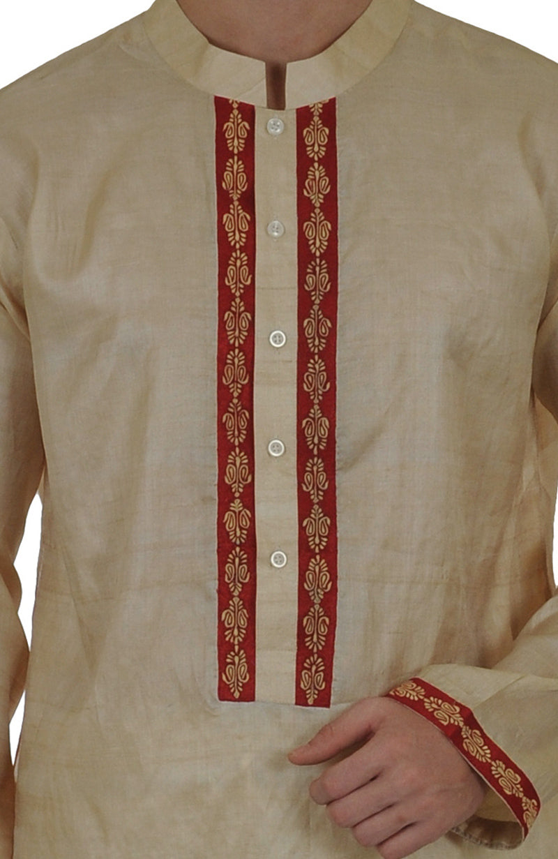 Beige pure kosa silk kurta with maroon and beige paisley embroidery.