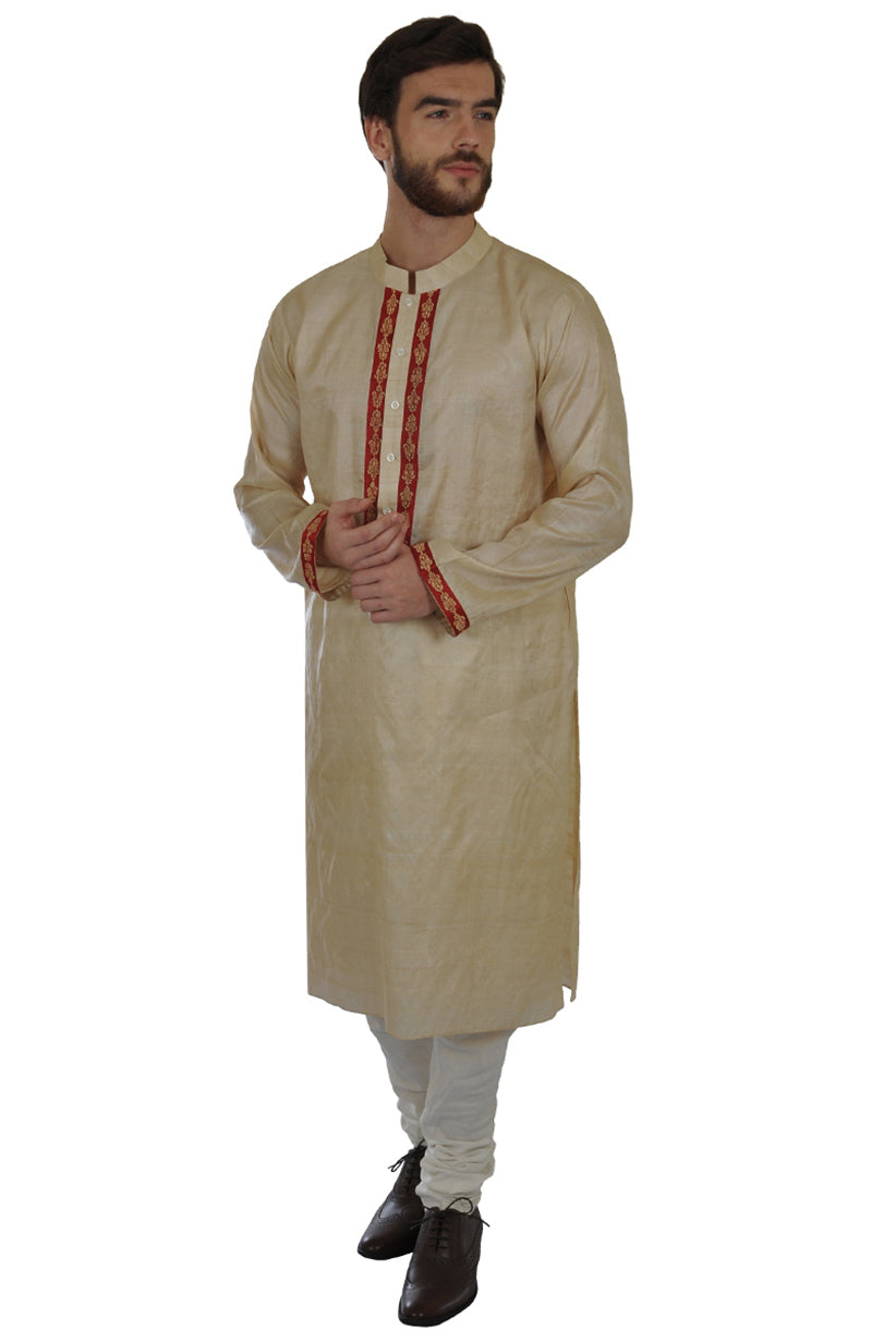 Beige pure kosa silk kurta with maroon and beige paisley embroidery.