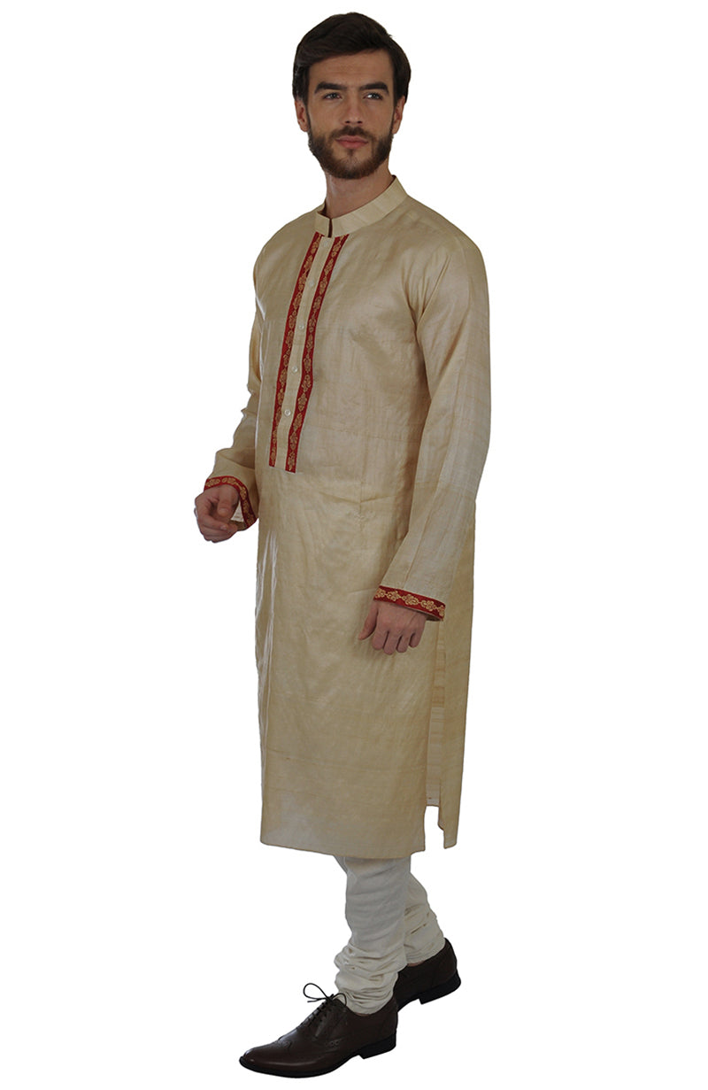 Beige pure kosa silk kurta with maroon and beige paisley embroidery.