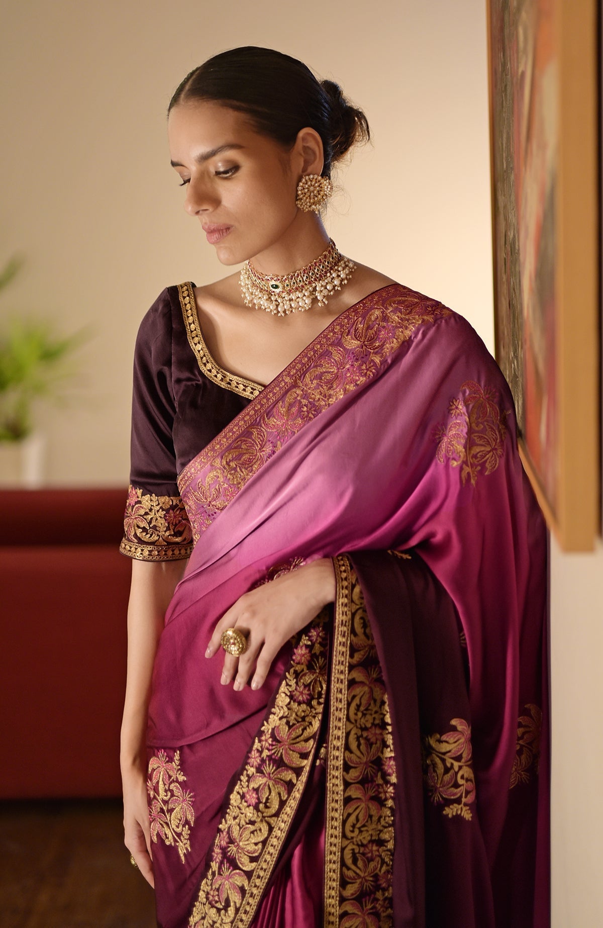 Wine-pink ombre Kashidakari embroidered saree set with a matching blouse.