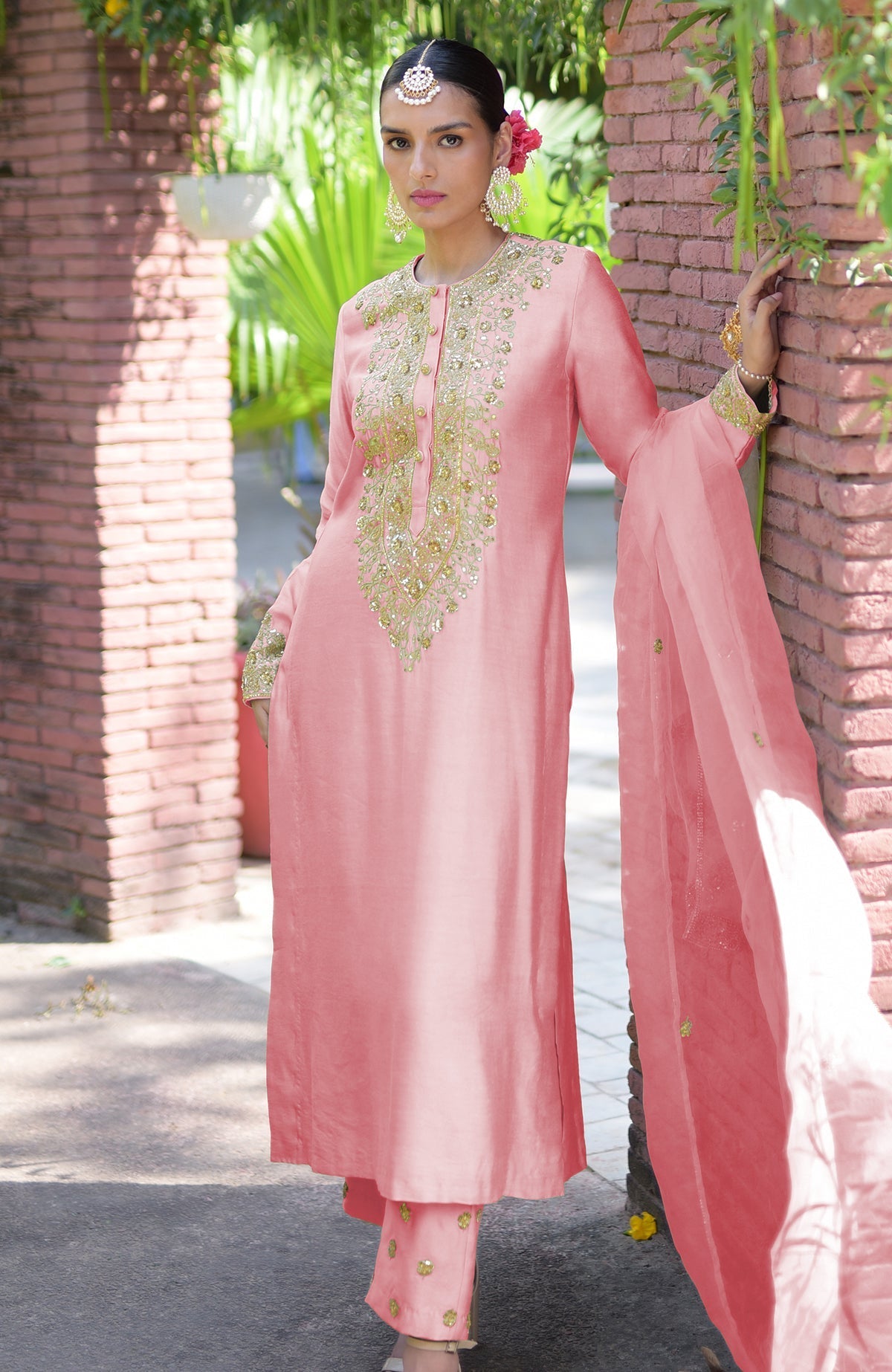 Pressed Rose kurta set with gold marori beads and sequin embroidery.
