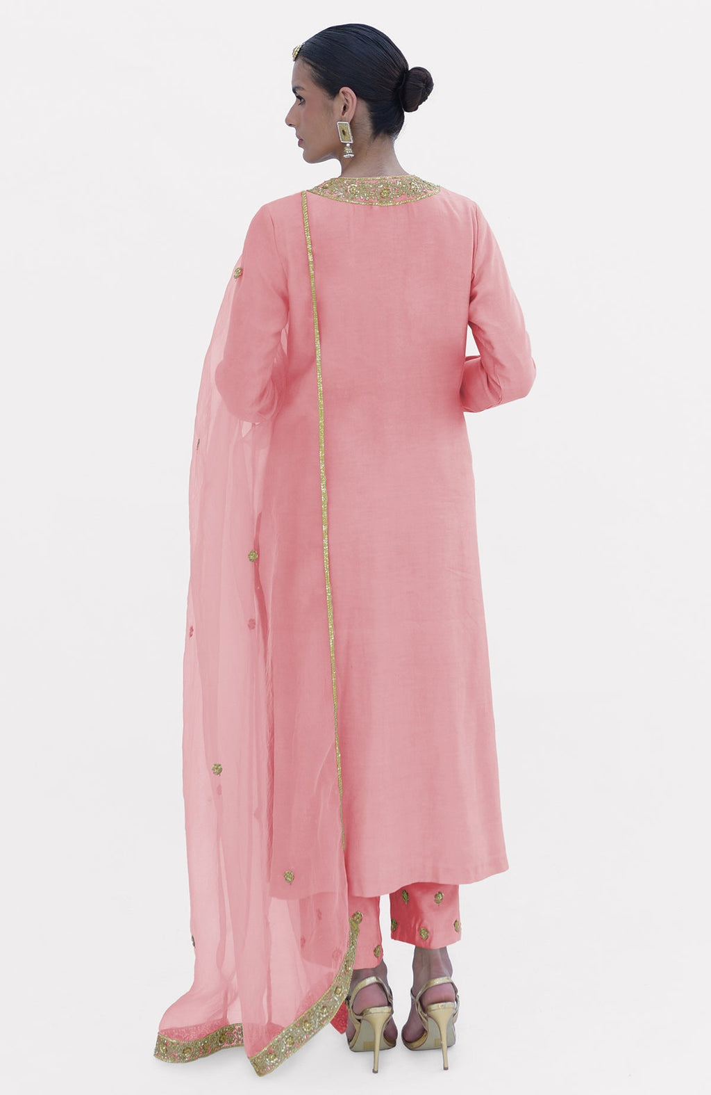 Pressed rose kurta set with gold embroidery and sequin work.