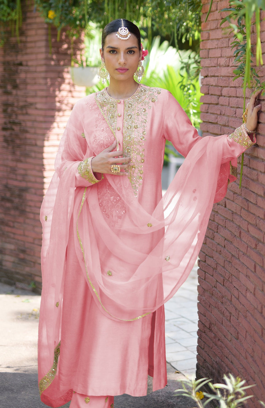 Pressed Rose kurta set with gold marori beads and sequin embroidery.