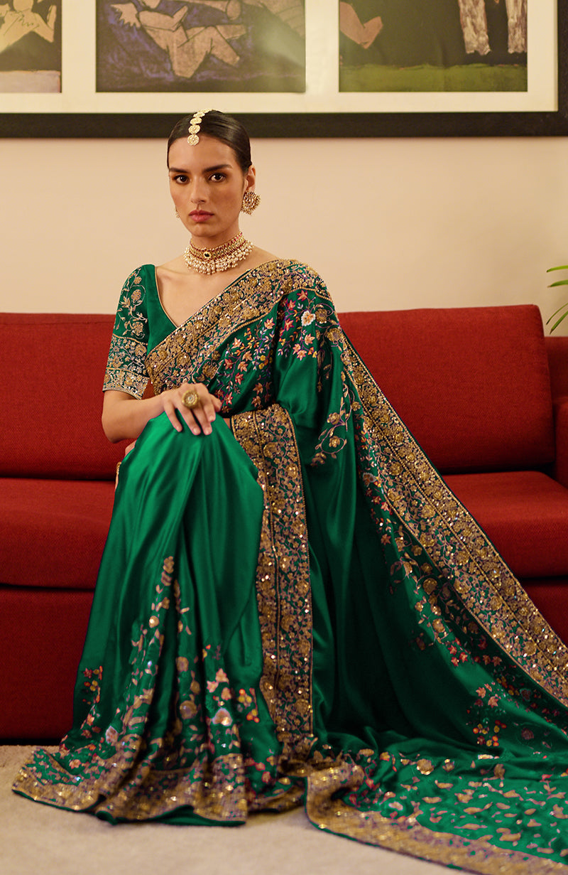 Panna Marodi & Resham Hand Embroidered Saree in emerald green silk satin.