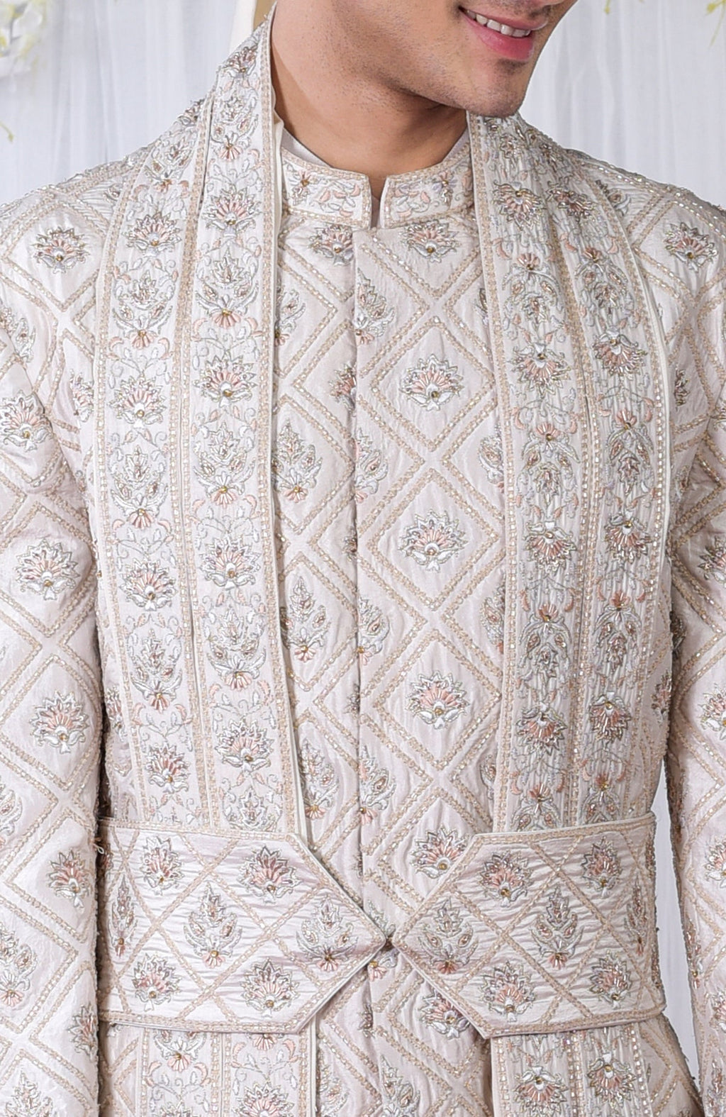 Ivory sherwani set with geometric and floral embroidery.