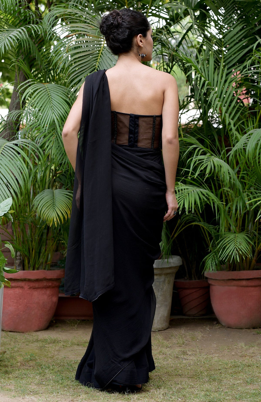 Elysian Black Hand Embroidered Corset Saree Set, viewed from the back.
