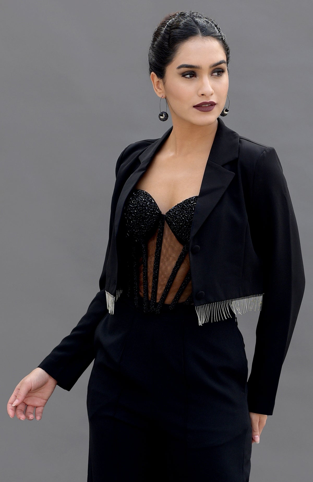 Elysian Black Hand Embroidered Corset and Pants Set with a cropped blazer.