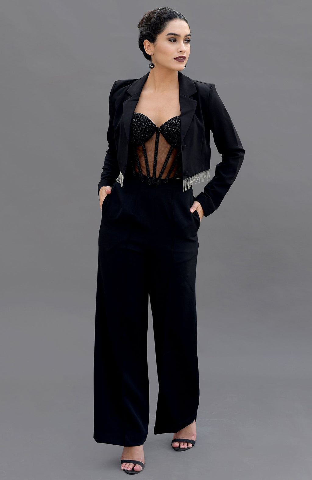 Elysian Black Hand Embroidered Corset and Pants Set.