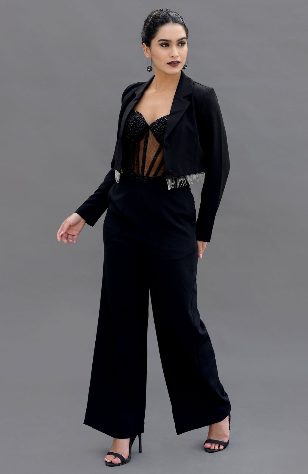Elysian Black Hand Embroidered Corset and Pants Set.