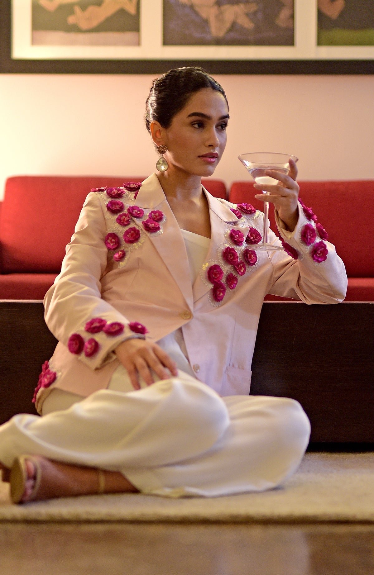 Baby Breath Hand Embroidered Jacket with Jumpsuit in pale pink and white.