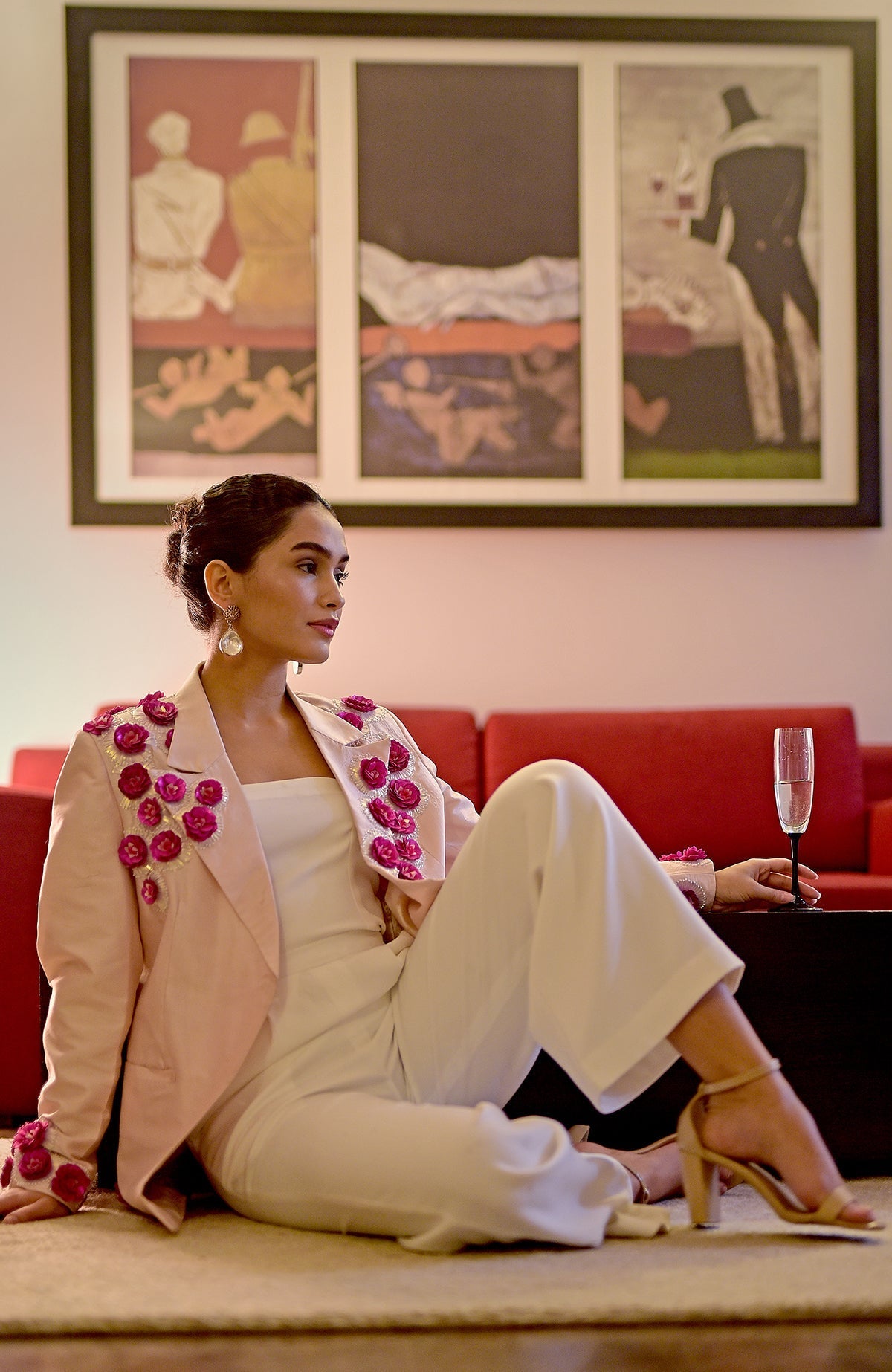 Baby Breath Hand Embroidered Jacket with Jumpsuit in pale pink and white.