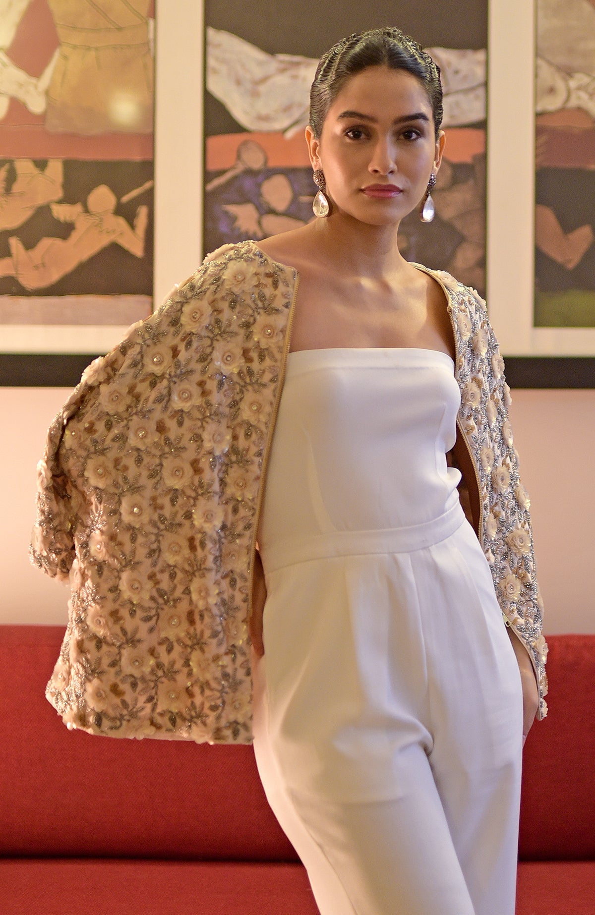 Mayflower hand-embroidered jacket with jumpsuit.