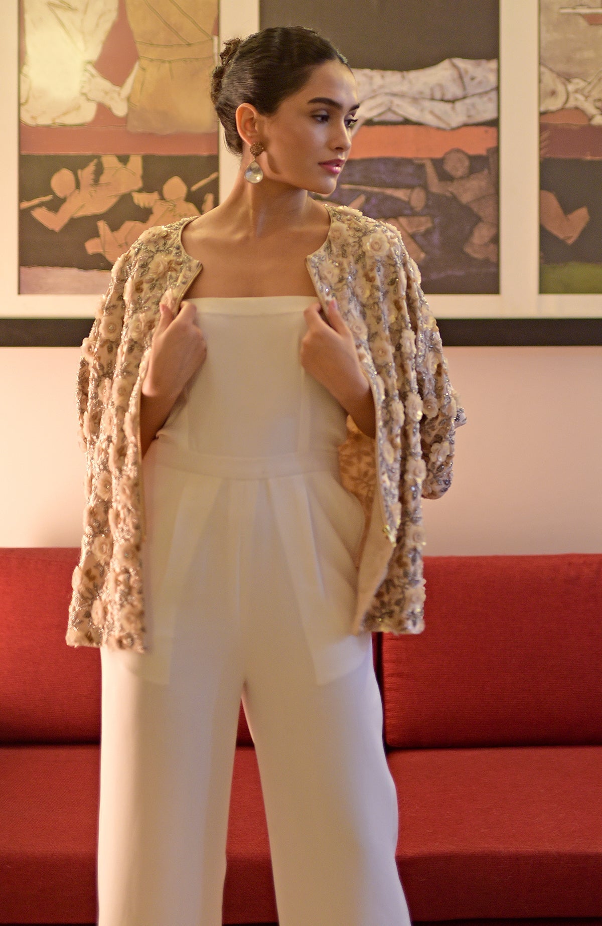 Mayflower hand-embroidered jacket with jumpsuit.