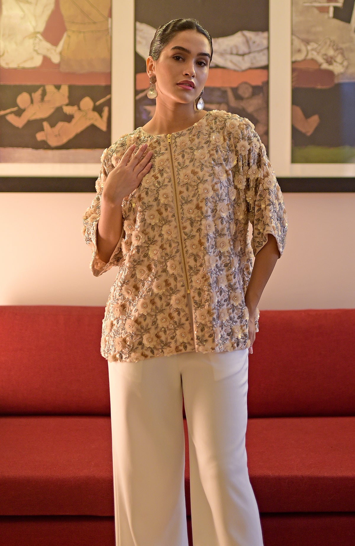 Light peach hand-embroidered jacket with 3D flowers, sequins, and beads.
