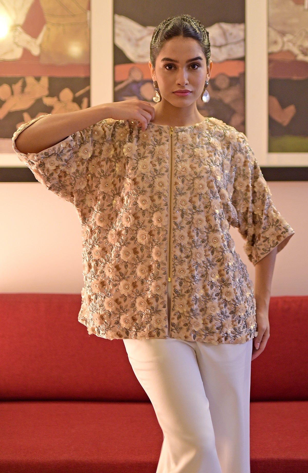 Mayflower hand-embroidered jacket with 3D flowers, sequins, and beads.