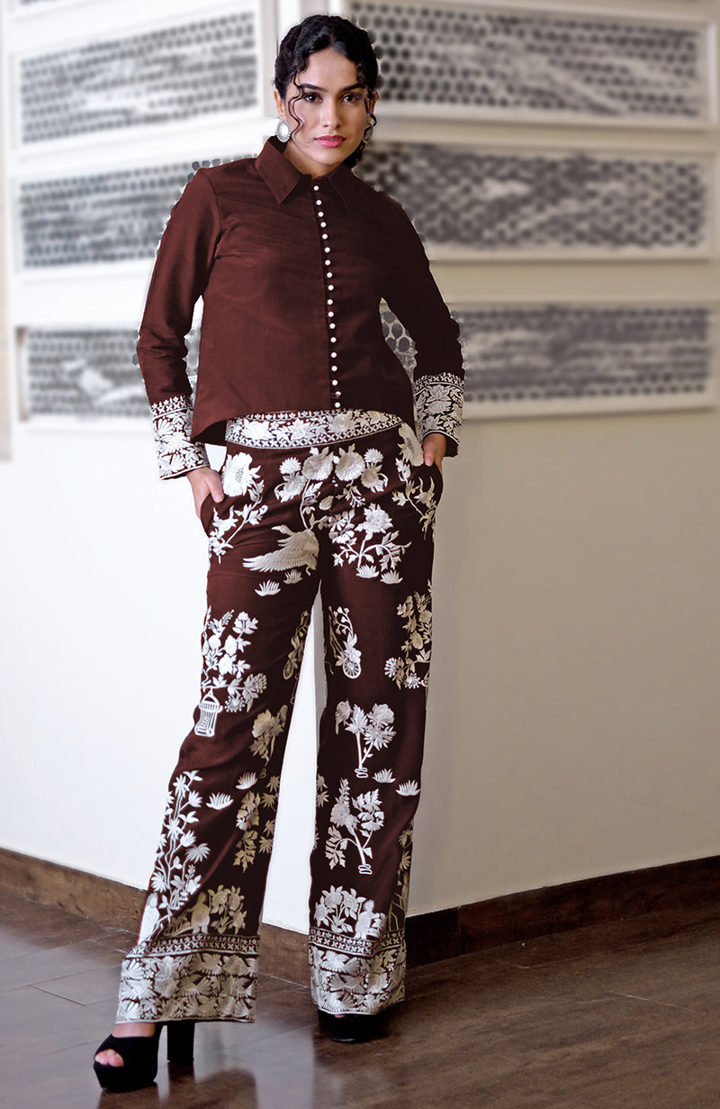 Marsala Parsi Gara embroidered co-ord set with a short shirt and wide-leg pants.