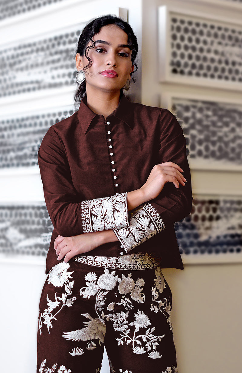 Marsala Parsi Gara embroidered co-ord set with a short shirt and pants.