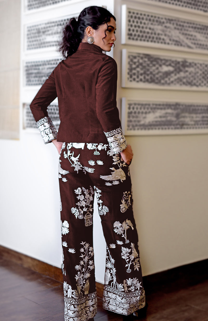 Marsala Parsi Gara embroidered co-ord set with a short top and wide-leg pants.
