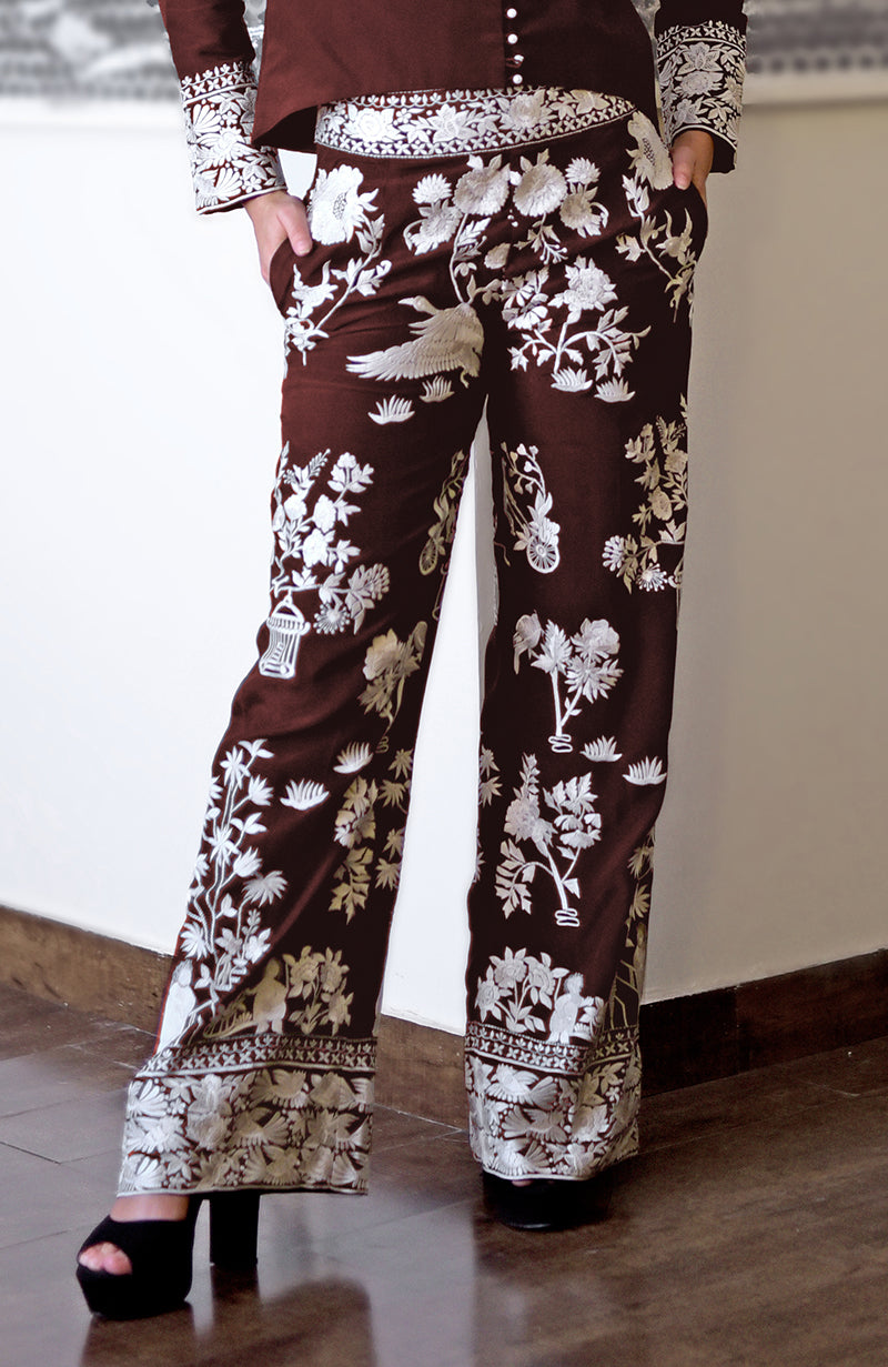 Marsala Parsi Gara embroidered co-ord set with white floral and bird motifs.