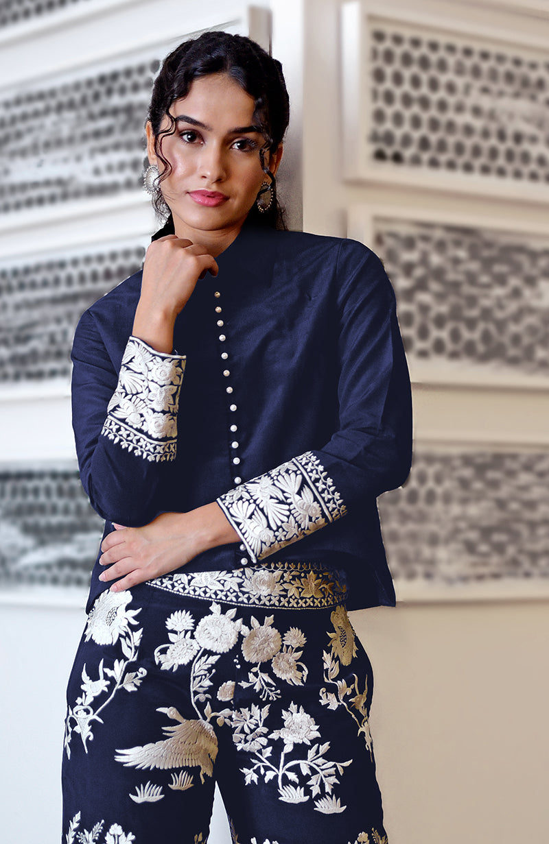 Navy blue Parsi Gara embroidered co-ord set with a short top and pants.