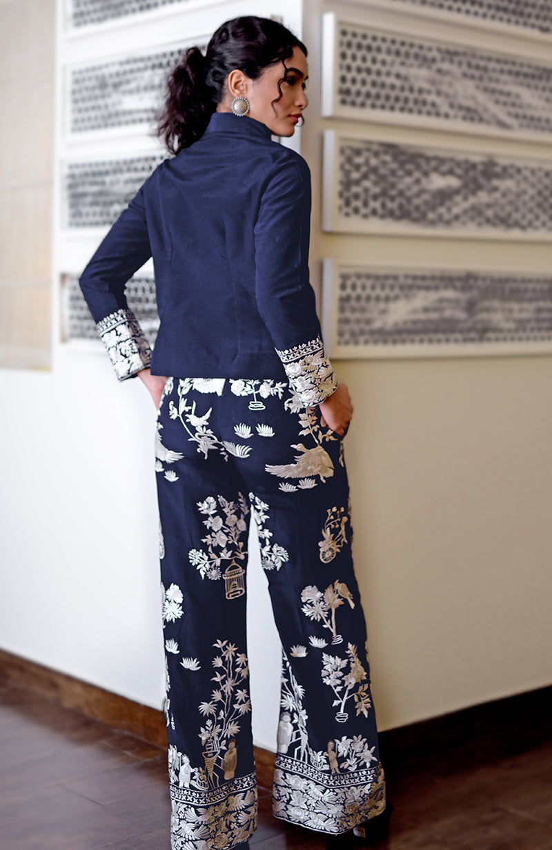 Navy blue Parsi Gara embroidered co-ord set with a short top and wide-leg pants.