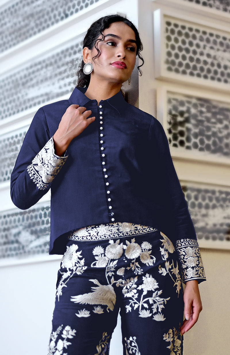 Navy blue Parsi Gara embroidered co-ord set with a short top and pants.