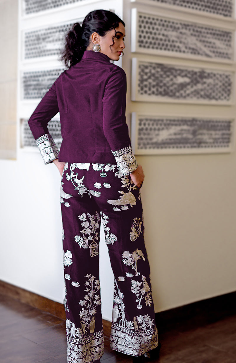 Plum Parsi Gara embroidered co-ord set with a short top and wide-leg pants.