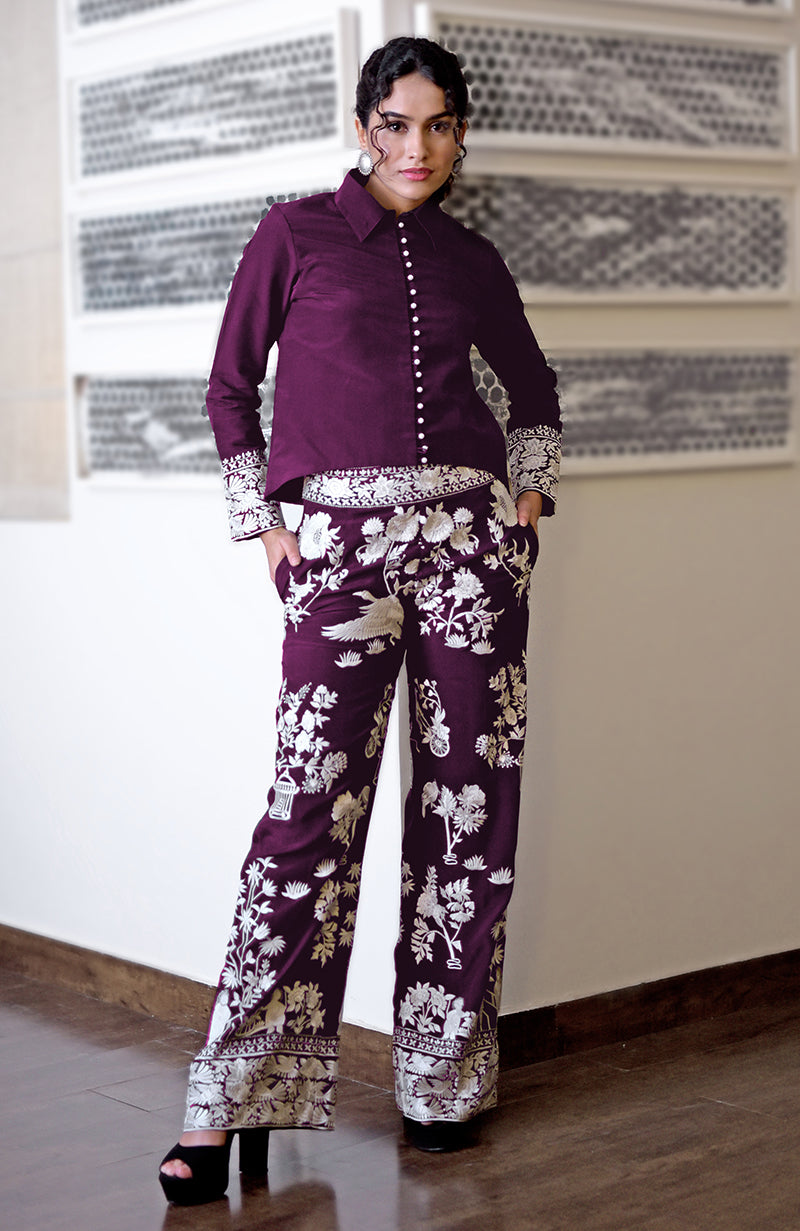 Plum Parsi Gara embroidered co-ord set with a collared shirt and wide-leg pants.