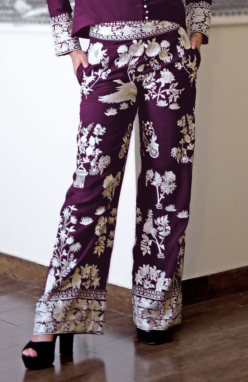 Plum Parsi Gara embroidered co-ord set with white floral and bird patterns.