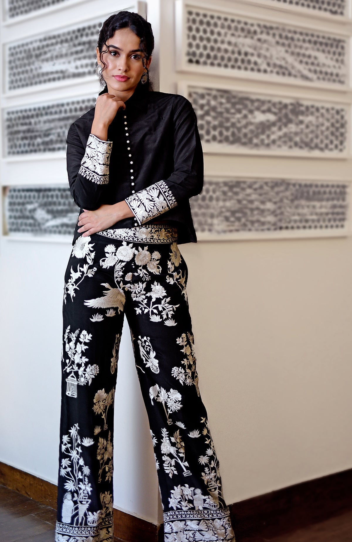Navy blue Parsi Gara embroidered co-ord set with a short top and wide-leg pants.