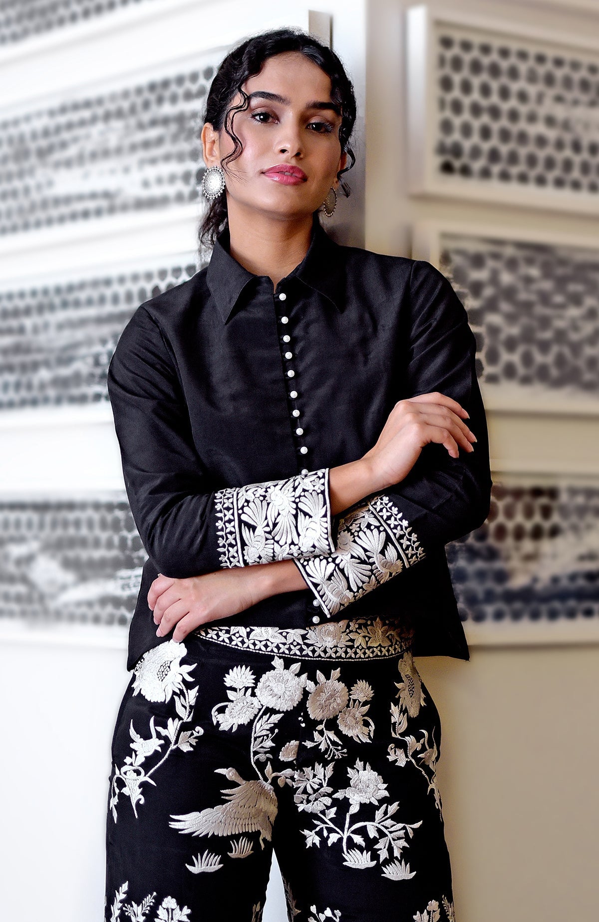 Black Parsi Gara embroidered co-ord set with a short shirt and pants.