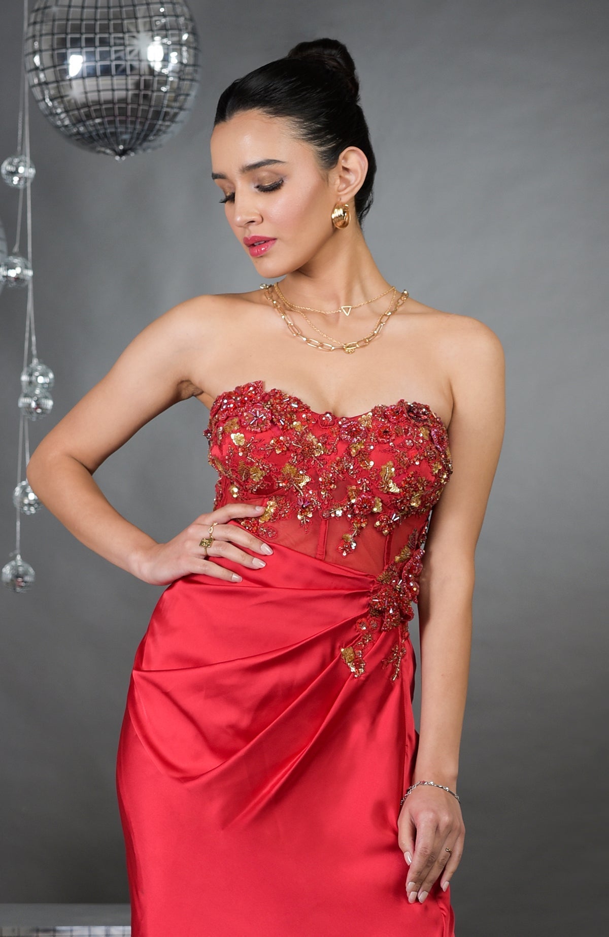 Madonna Pure Satin Floral Hand Embroidered Gown in red with gold accents.