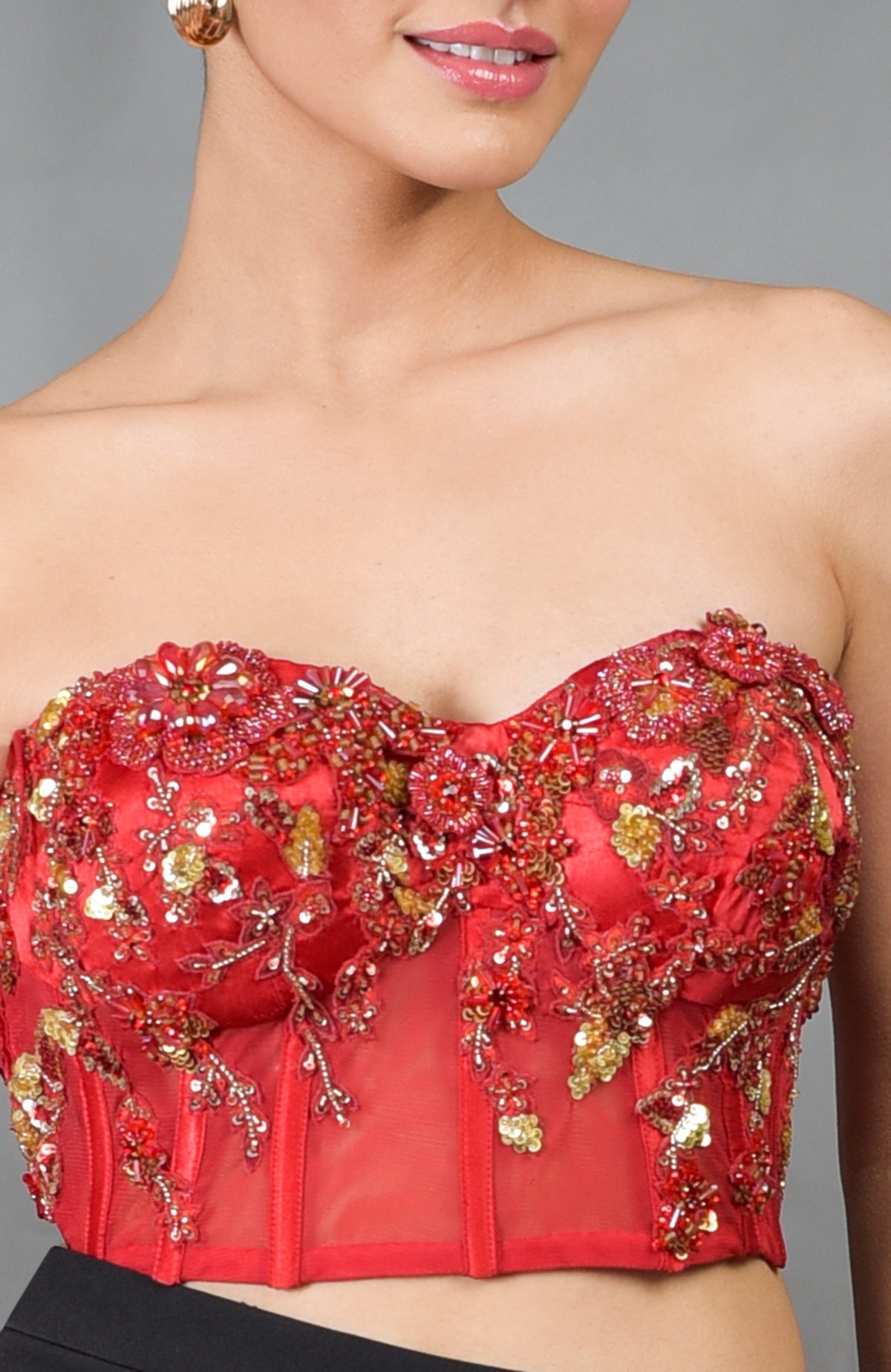 Red pure satin floral hand-embroidered corset with a sweetheart neckline.