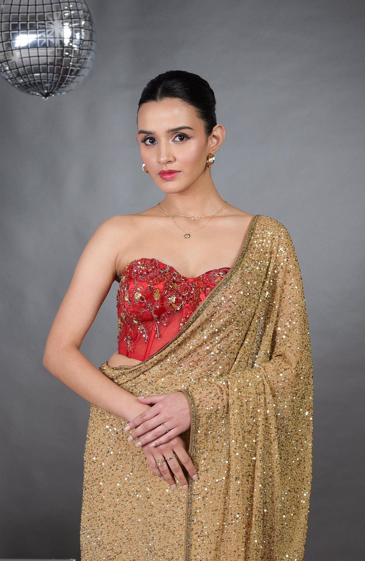 Madonna Floral Hand Embroidered Corset with Gold Saree.