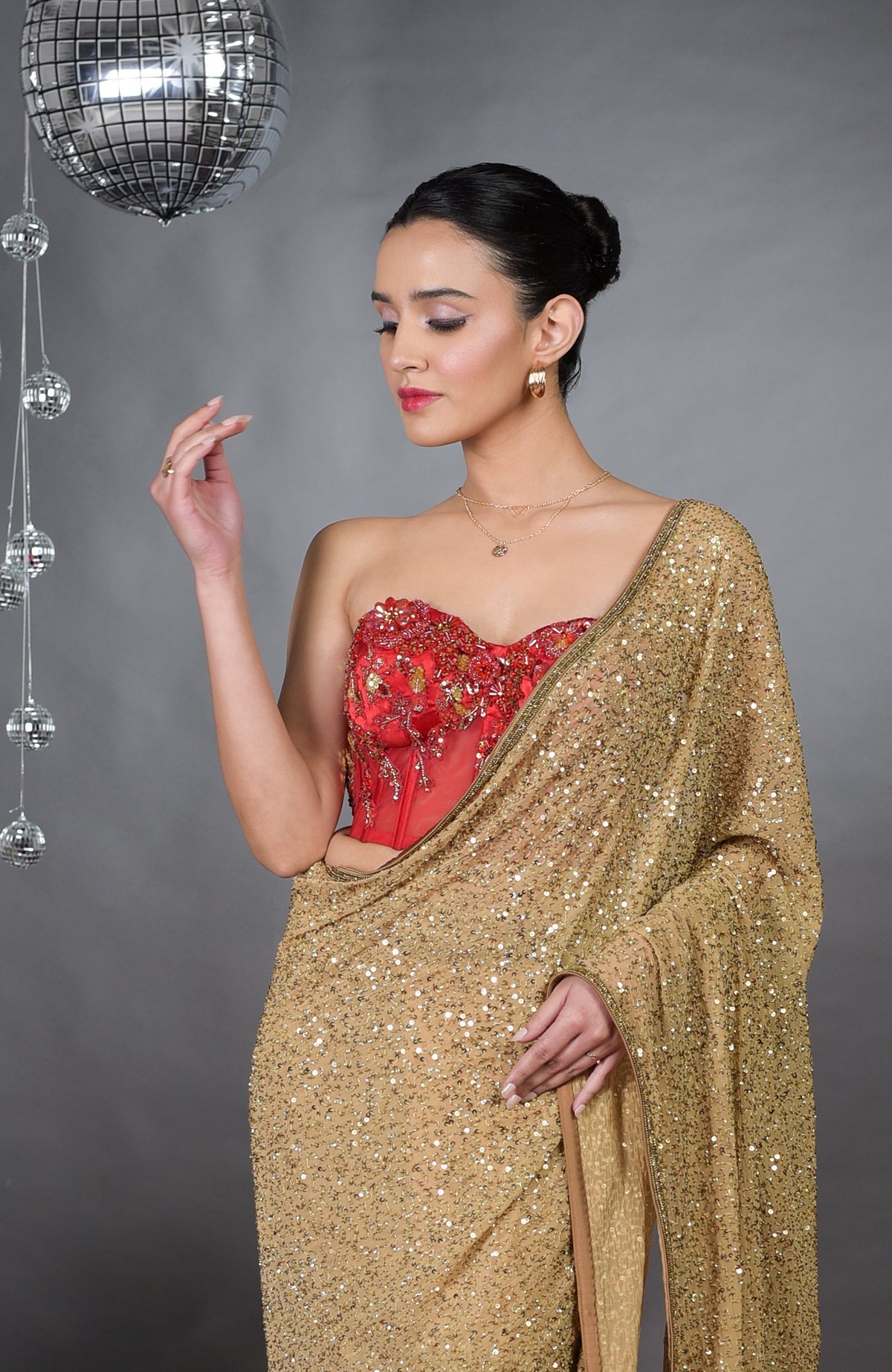 Madonna Floral Hand Embroidered Corset with Gold Saree