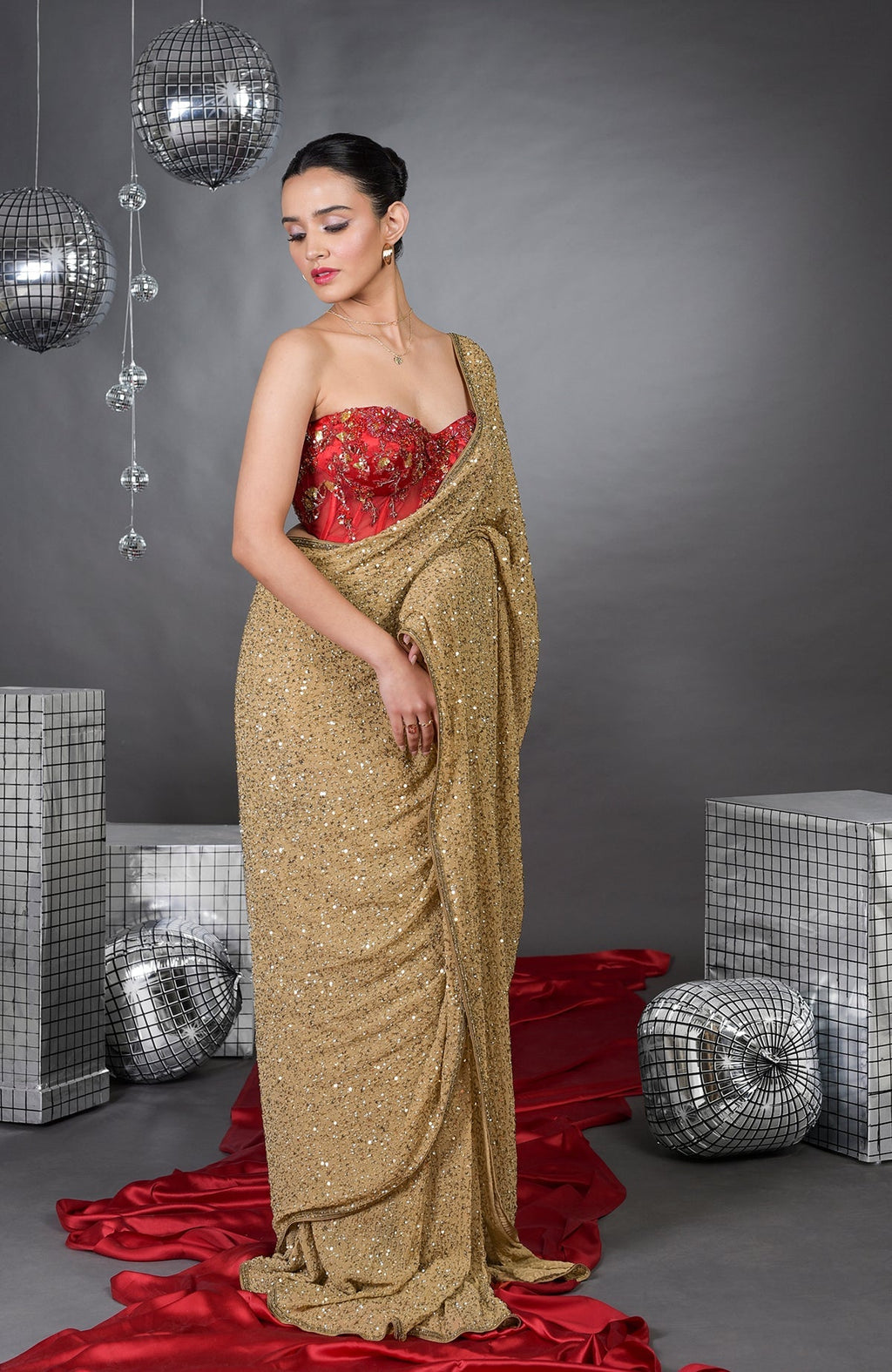 Madonna Floral Hand Embroidered Corset with Gold Saree