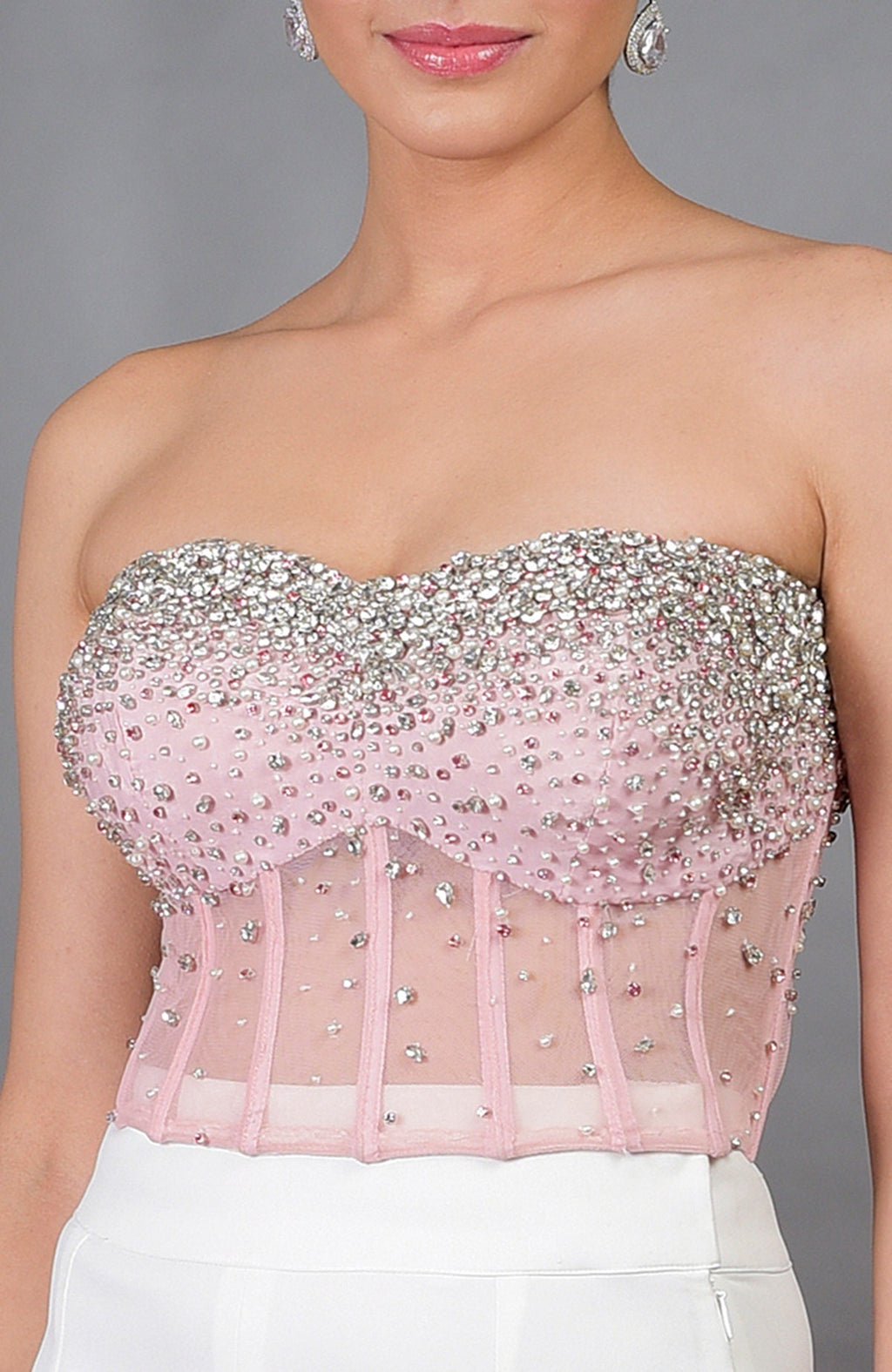 Amor pink hand-embroidered corset with silver and pink crystals.