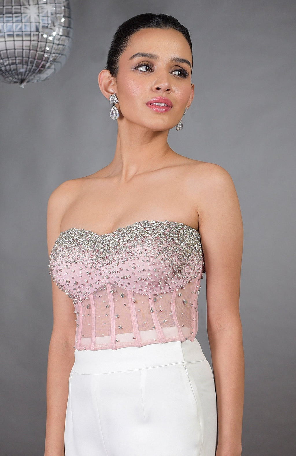 Amor Pink Hand Embroidered Corset with silver and pink crystals.