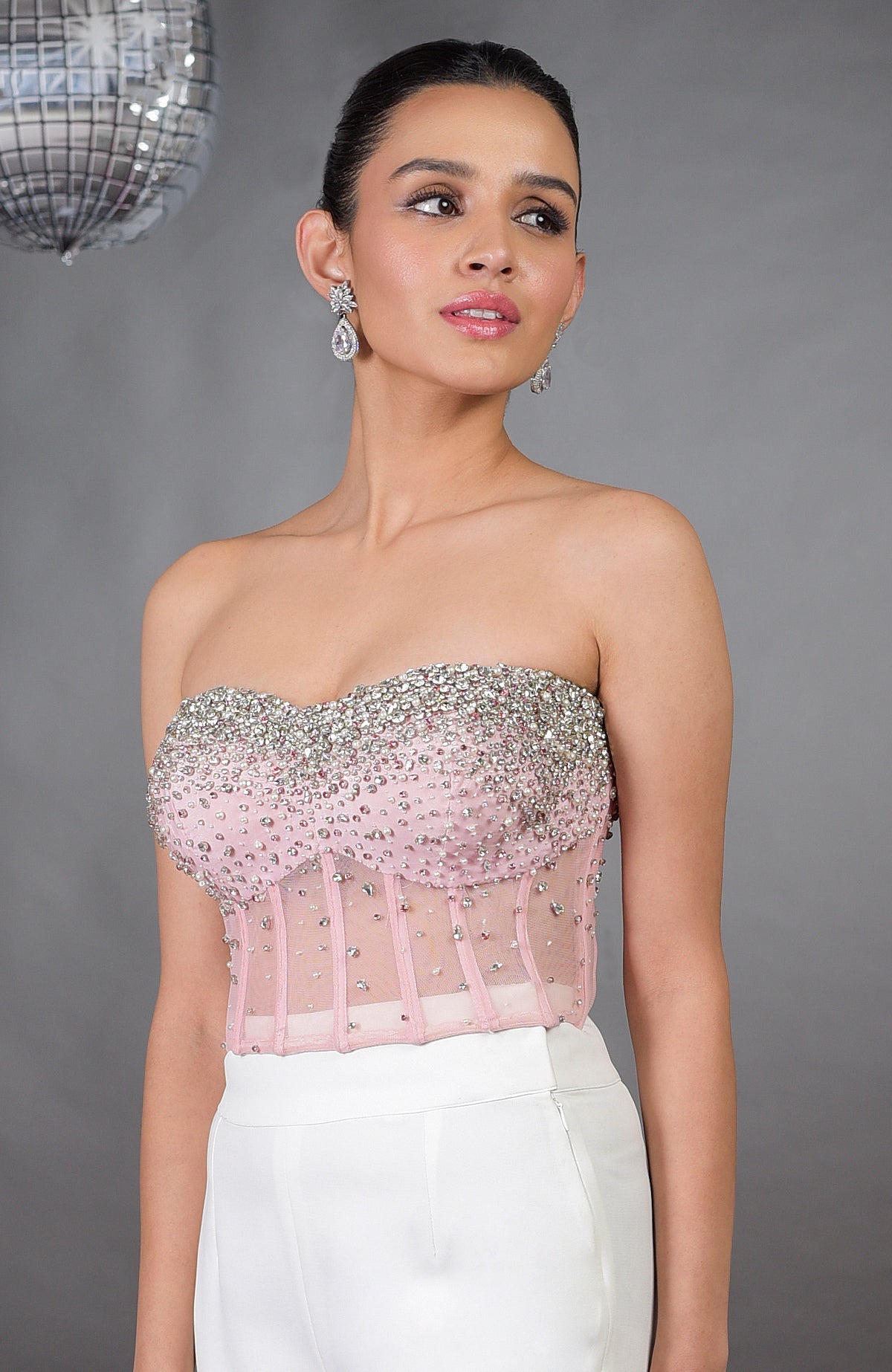 Amor Pink Hand Embroidered Corset with silver and pink crystals.
