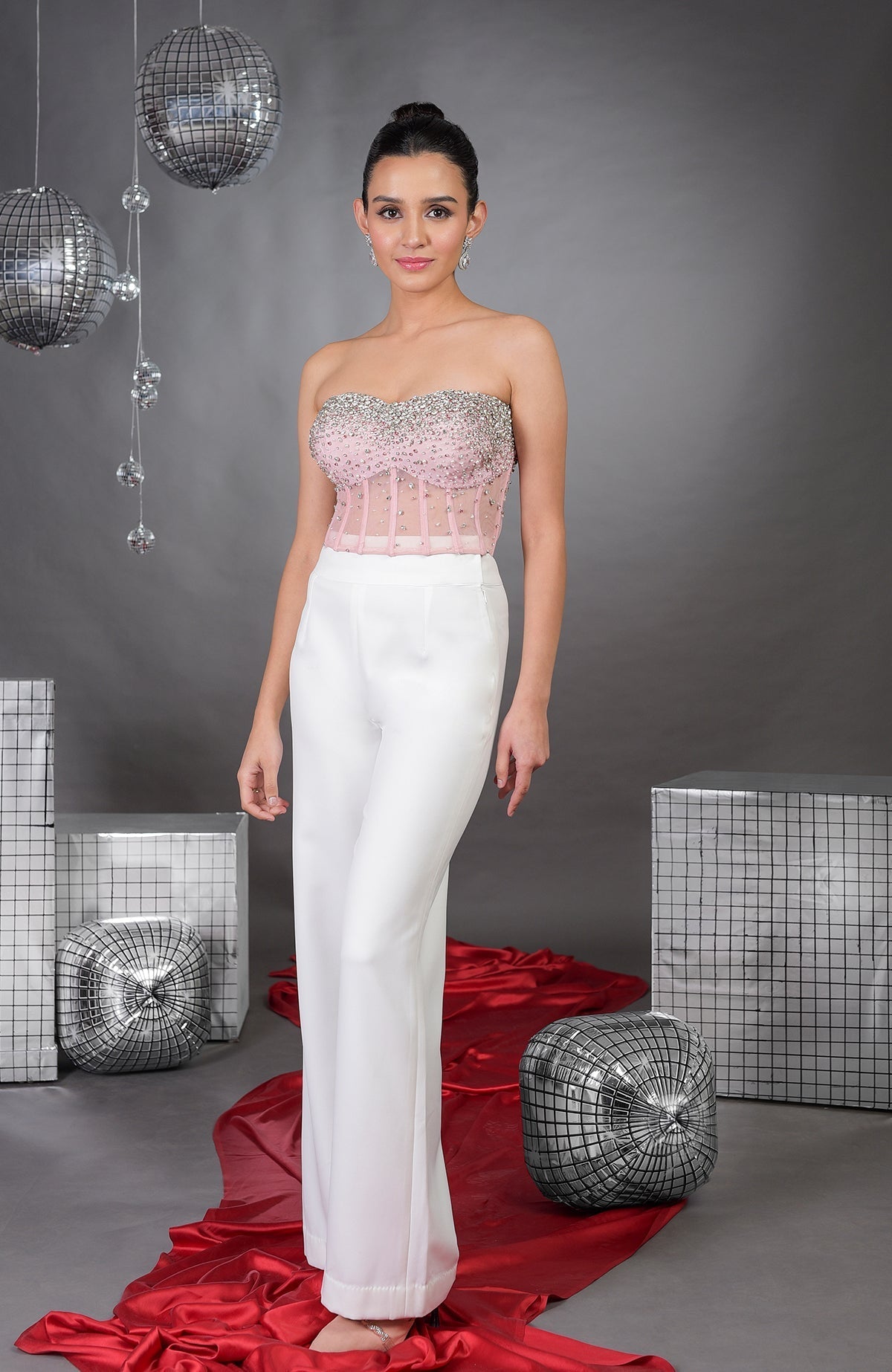 Amor Pink Hand Embroidered Corset with Pants.