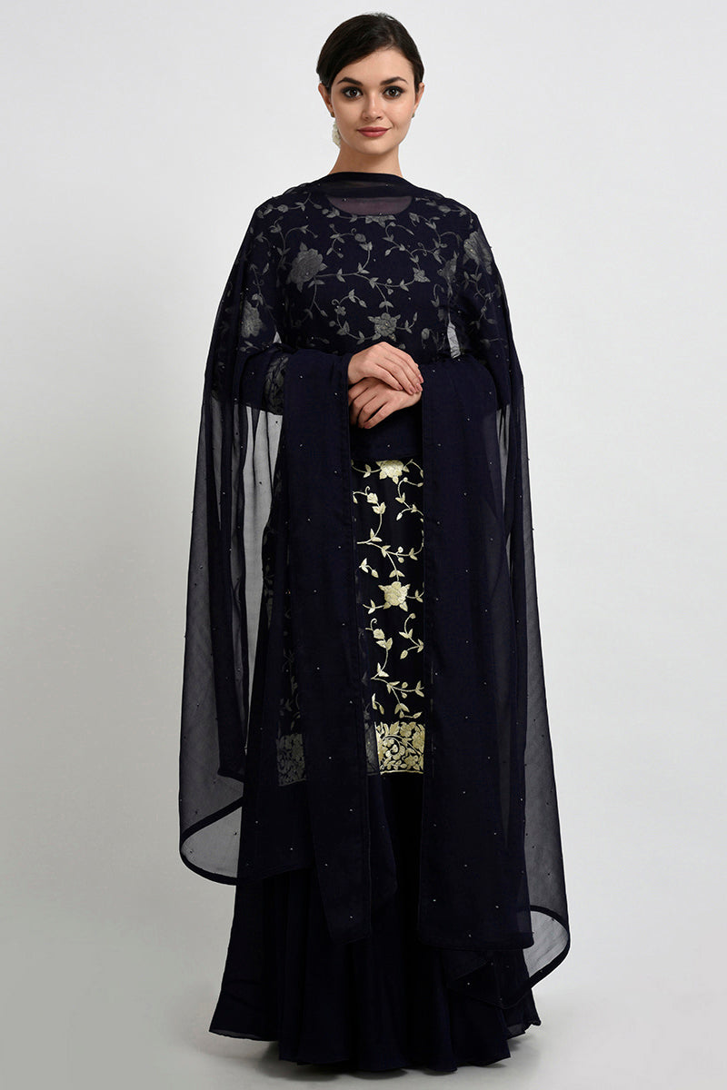Midnight blue Parsi Gara embroidered suit with sequins and matching georgette dupatta.