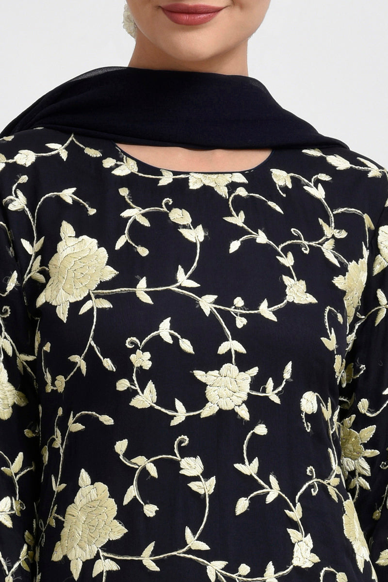 Midnight blue Parsi Gara embroidered suit with sequins and matching georgette dupatta.