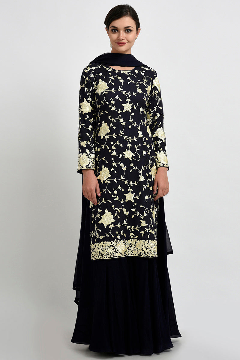 Midnight blue Parsi Gara embroidered suit with sequins and matching georgette dupatta.