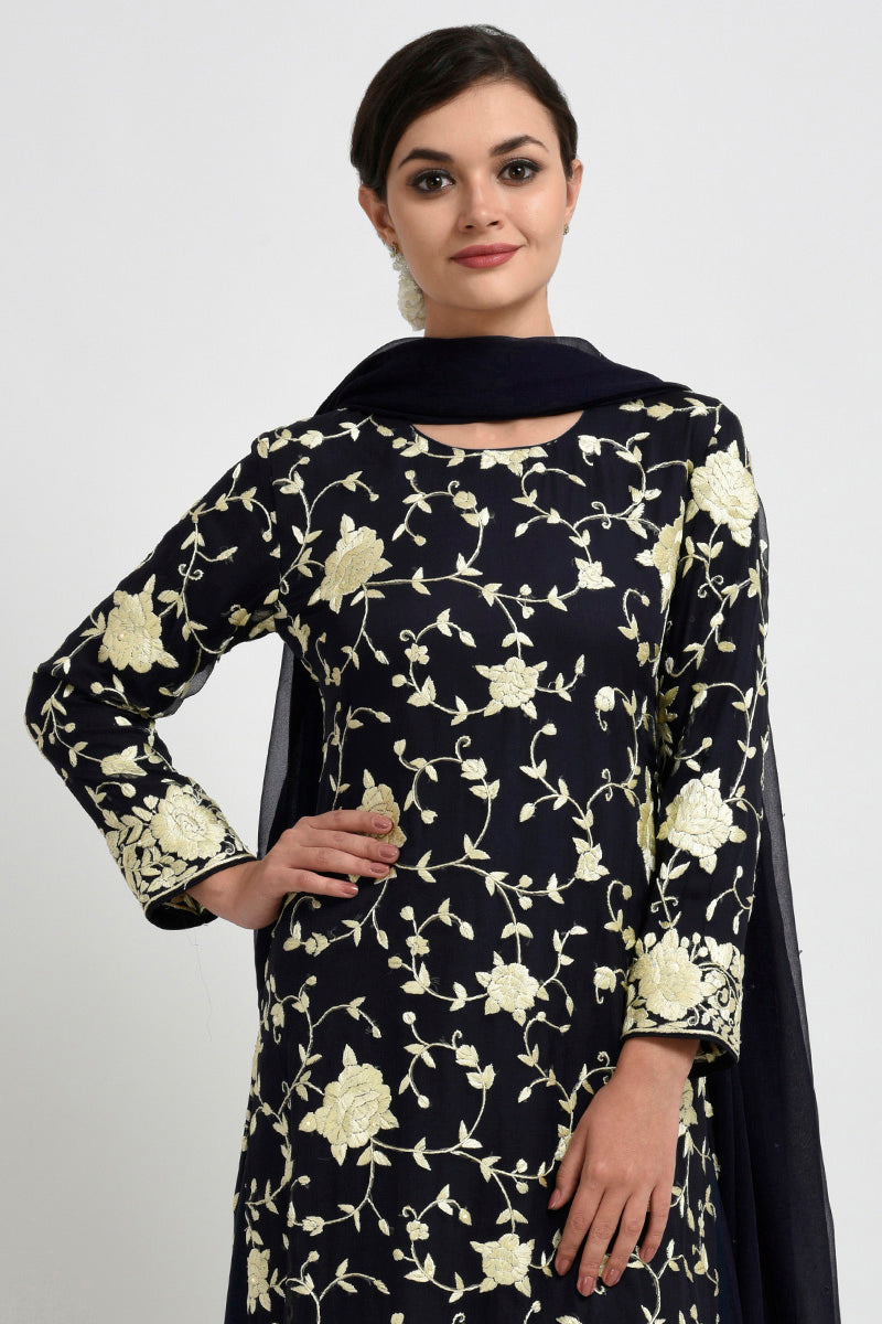 Midnight blue Parsi Gara embroidered suit with sequins and matching georgette dupatta.