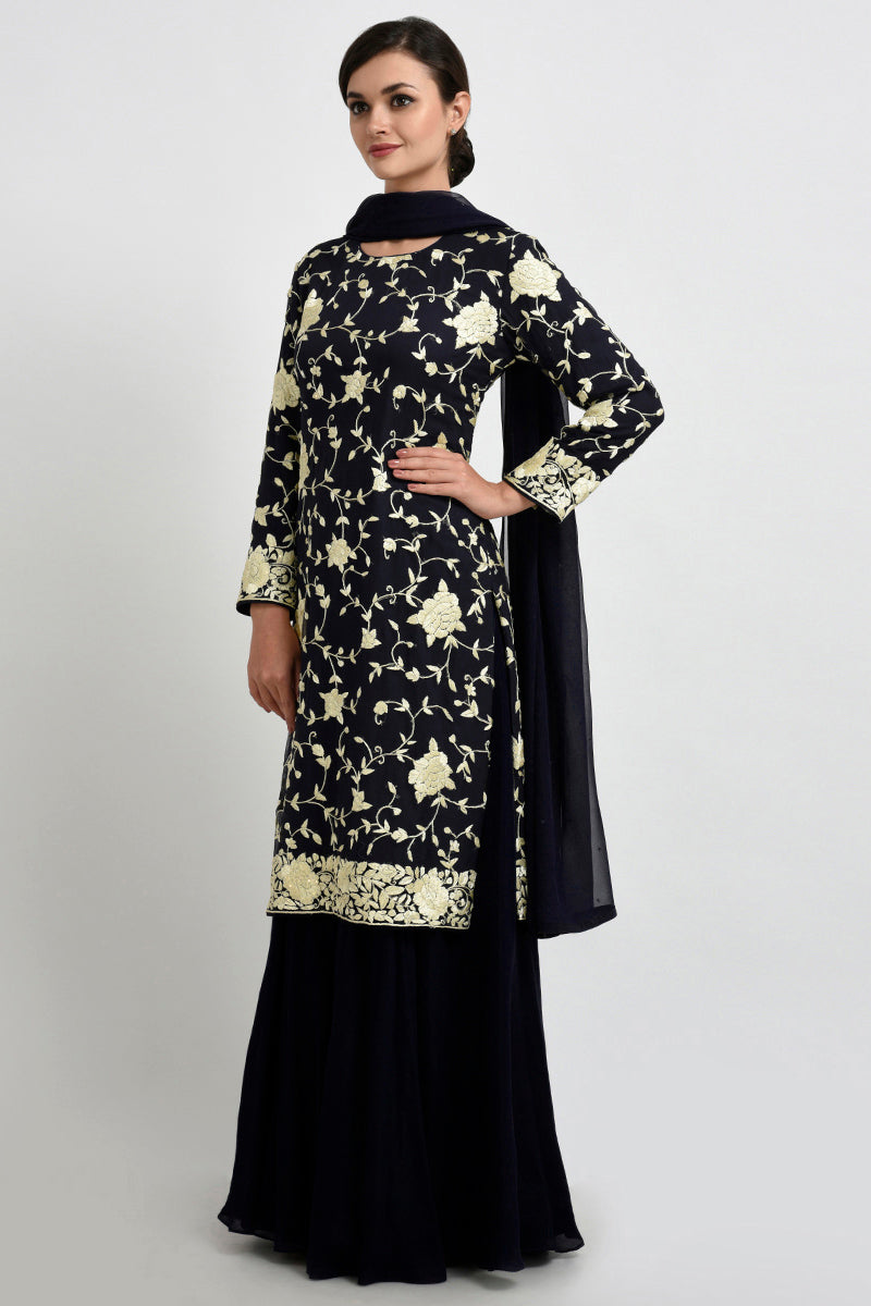 Midnight blue Parsi Gara embroidered suit with sequins and matching georgette dupatta