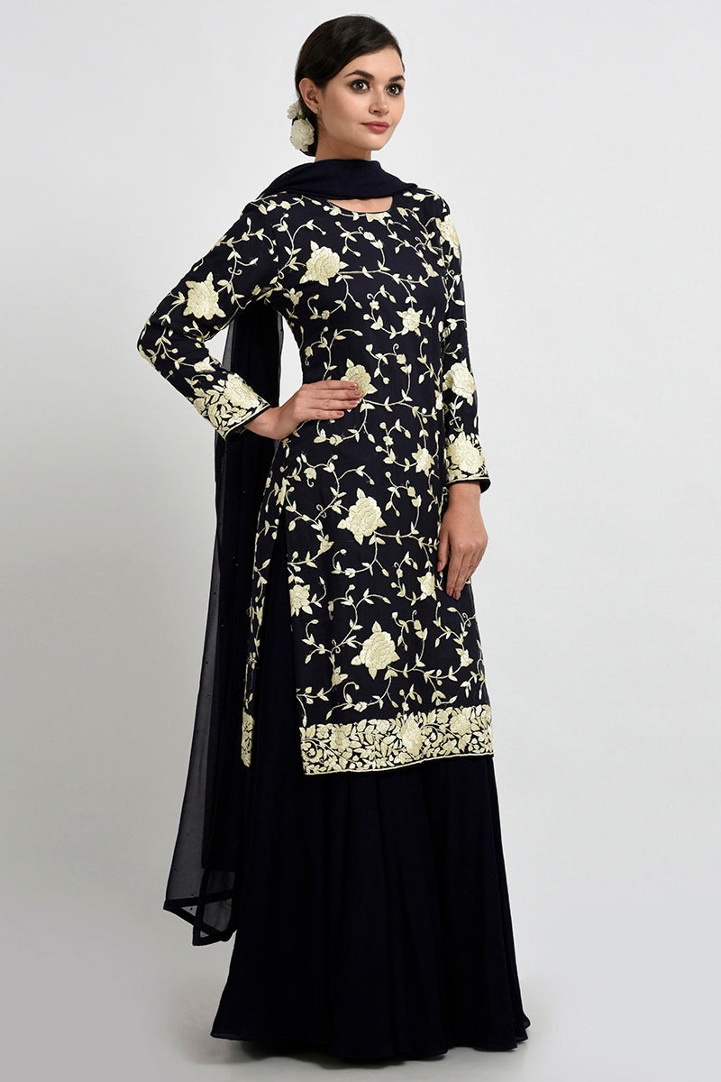 Midnight blue Parsi Gara embroidered suit with sequins and matching georgette dupatta.