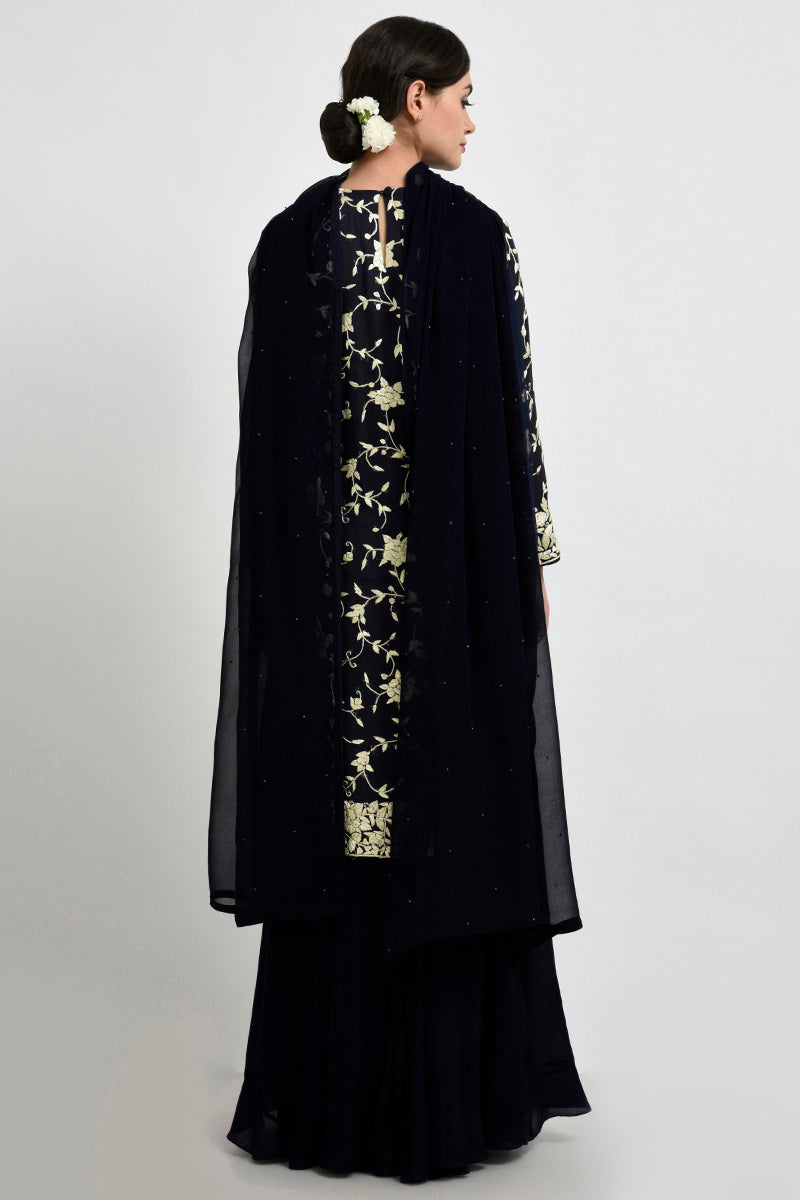 Midnight blue Parsi Gara embroidered suit with sequins and matching georgette dupatta