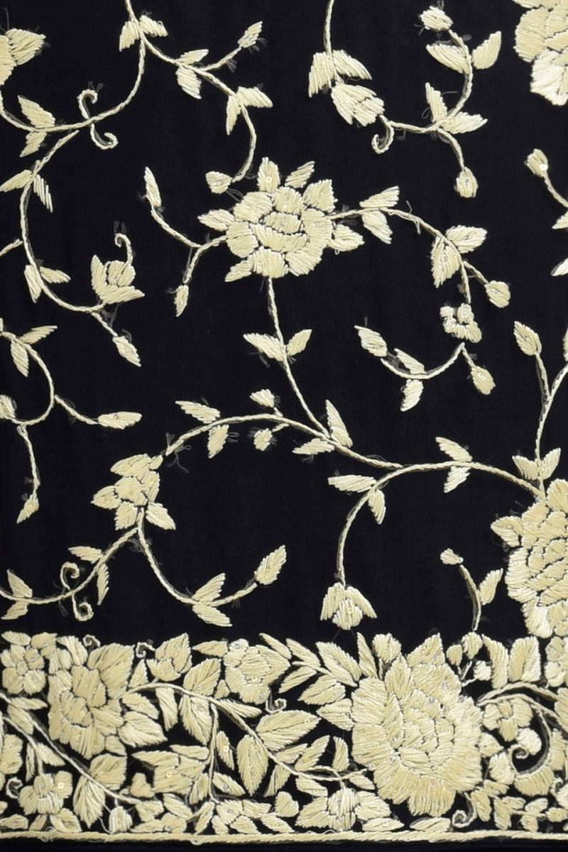 Midnight blue Parsi Gara embroidered suit with sequins and georgette dupatta with beadwork.