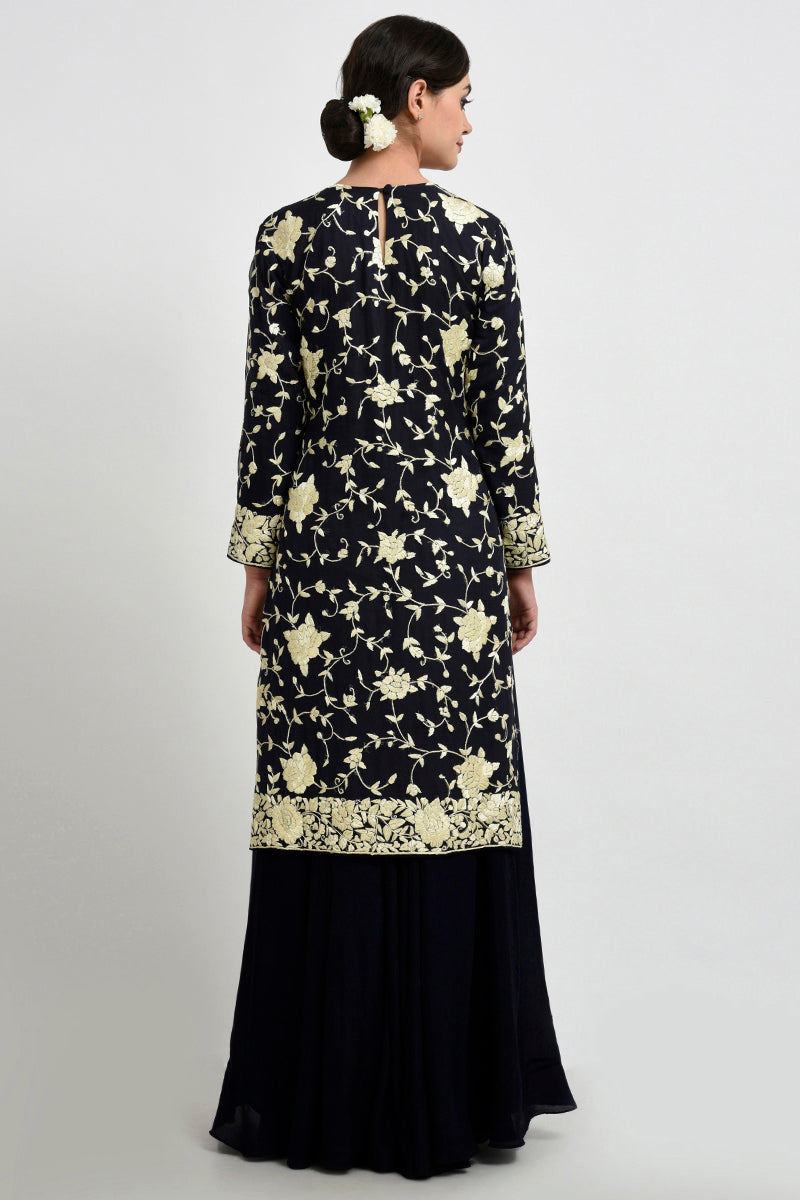 Midnight blue Parsi Gara embroidered suit with sequins and matching georgette dupatta.