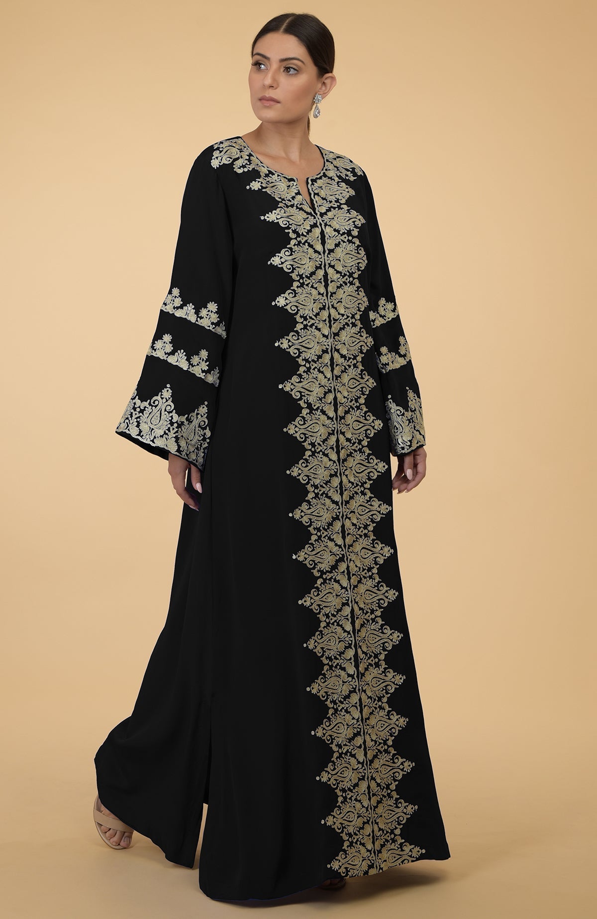 Black-gold Kashmir embroidered kaftan with a relaxed silhouette and bell sleeves.